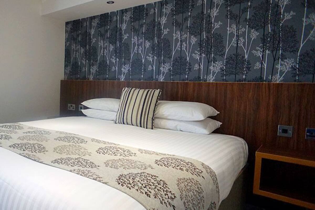 A hotel room with a bed, a desk, a chair, and a wall with a tree pattern.