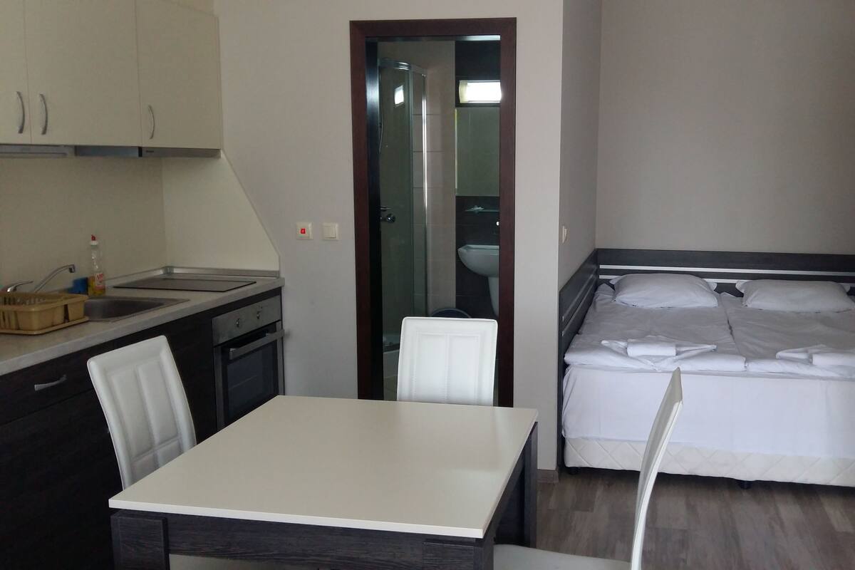 A compact room with a bed, a small kitchenette, and a dining area.