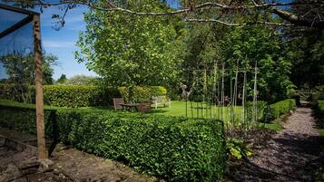A garden with a bench, a hedge, and a wooden fence.