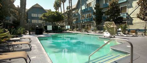 A swimming pool with lounge chairs, surrounded by palm trees and a multi-story building with balconies.