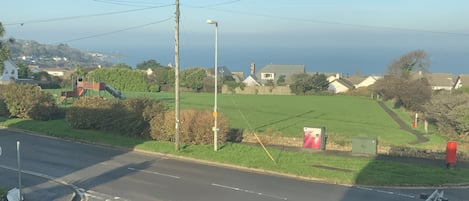 A residential area with a road, green fields, and houses.