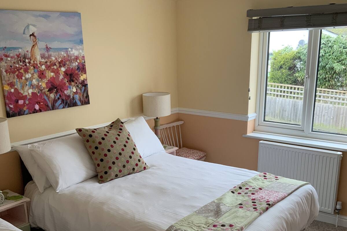Un dormitorio con dos camas, un cuadro en la pared, una ventana con vistas y un radiador.