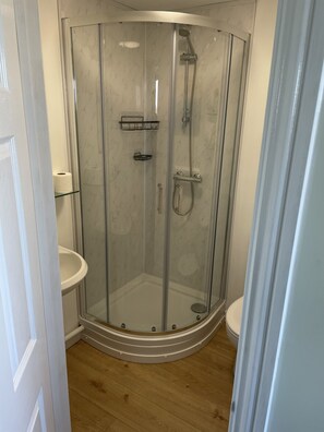 A glass-enclosed shower with a handheld showerhead and a handheld faucet. - Green Apple Bed and Breakfast (St Ives)