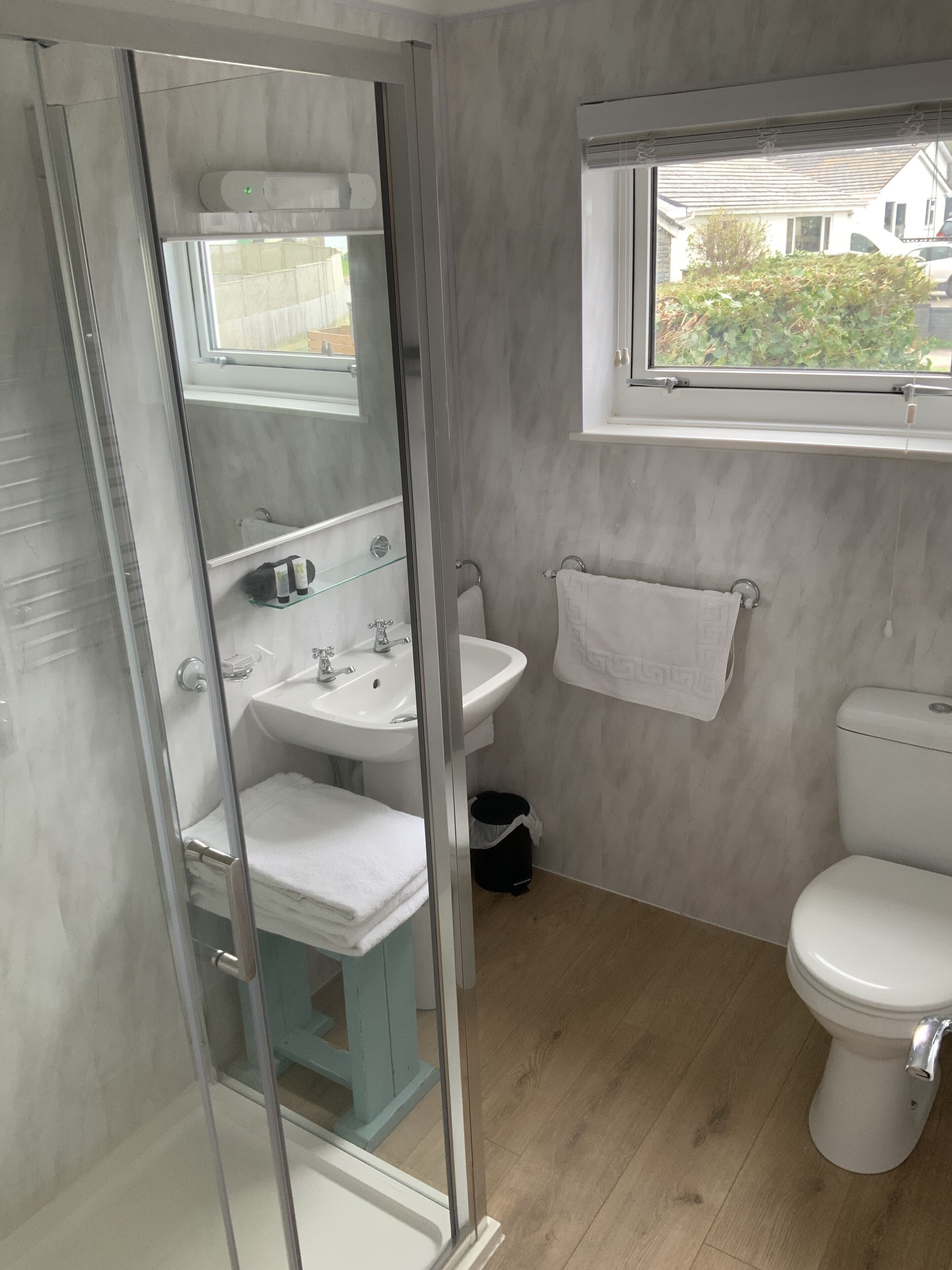 A modern bathroom with a glass shower enclosure, a white sink, and a toilet.