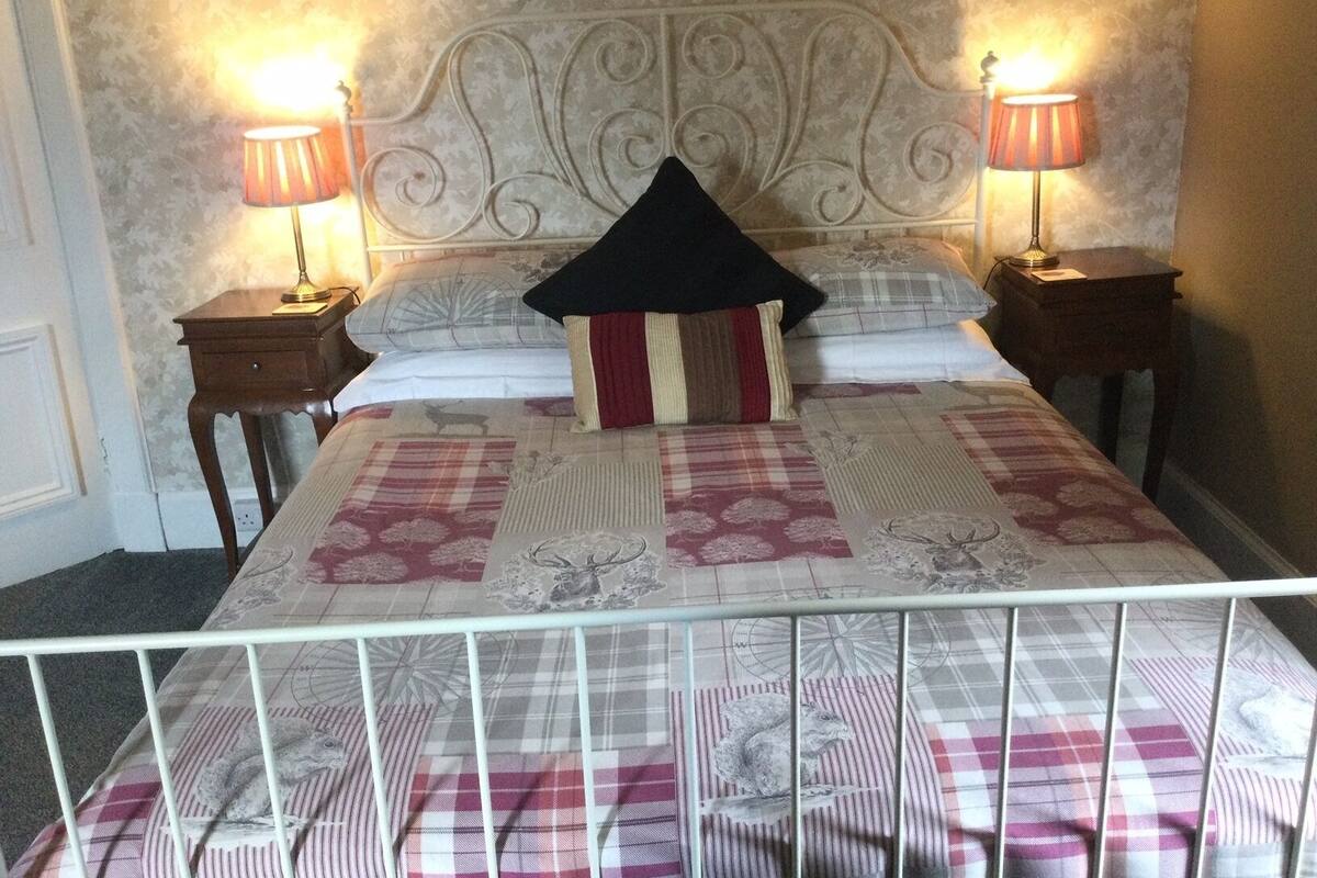 A bed with a headboard, two bedside tables, and two lamps.