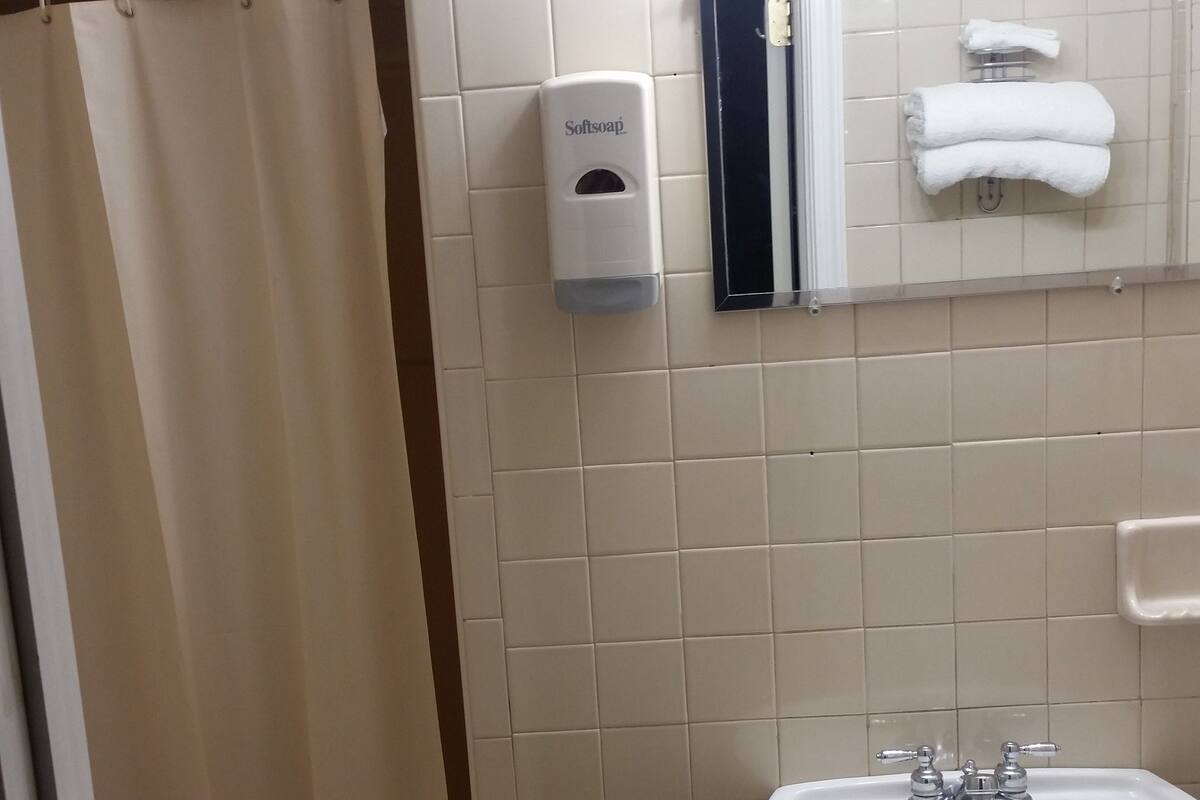 A bathroom with a shower curtain, a hand soap dispenser, a sink, and a towel rack.