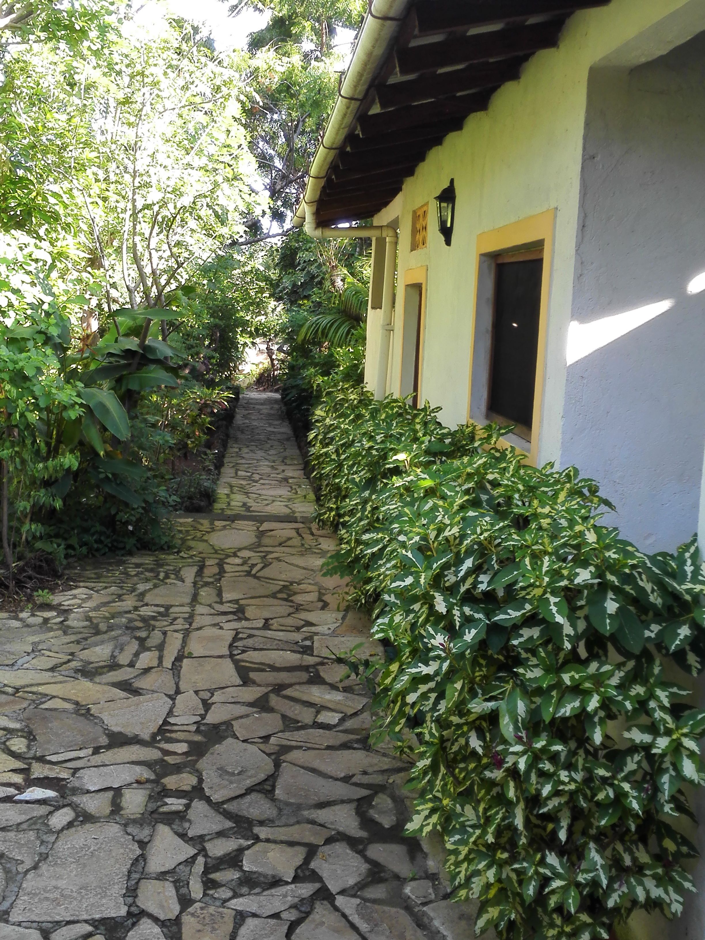 Un chemin de pierre mène à un bâtiment à la façade jaune et au toit foncé.