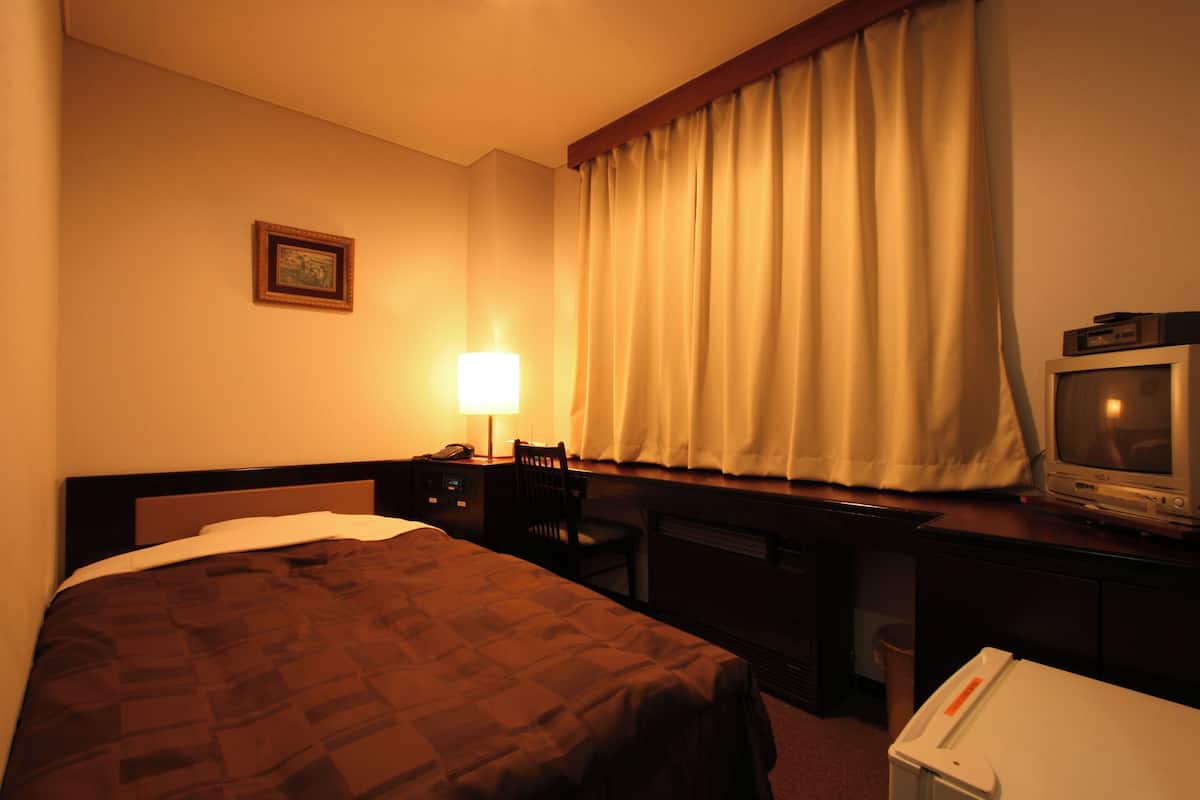 Una habitación de hotel con cama, escritorio, silla, televisión y un cuadro en la pared.