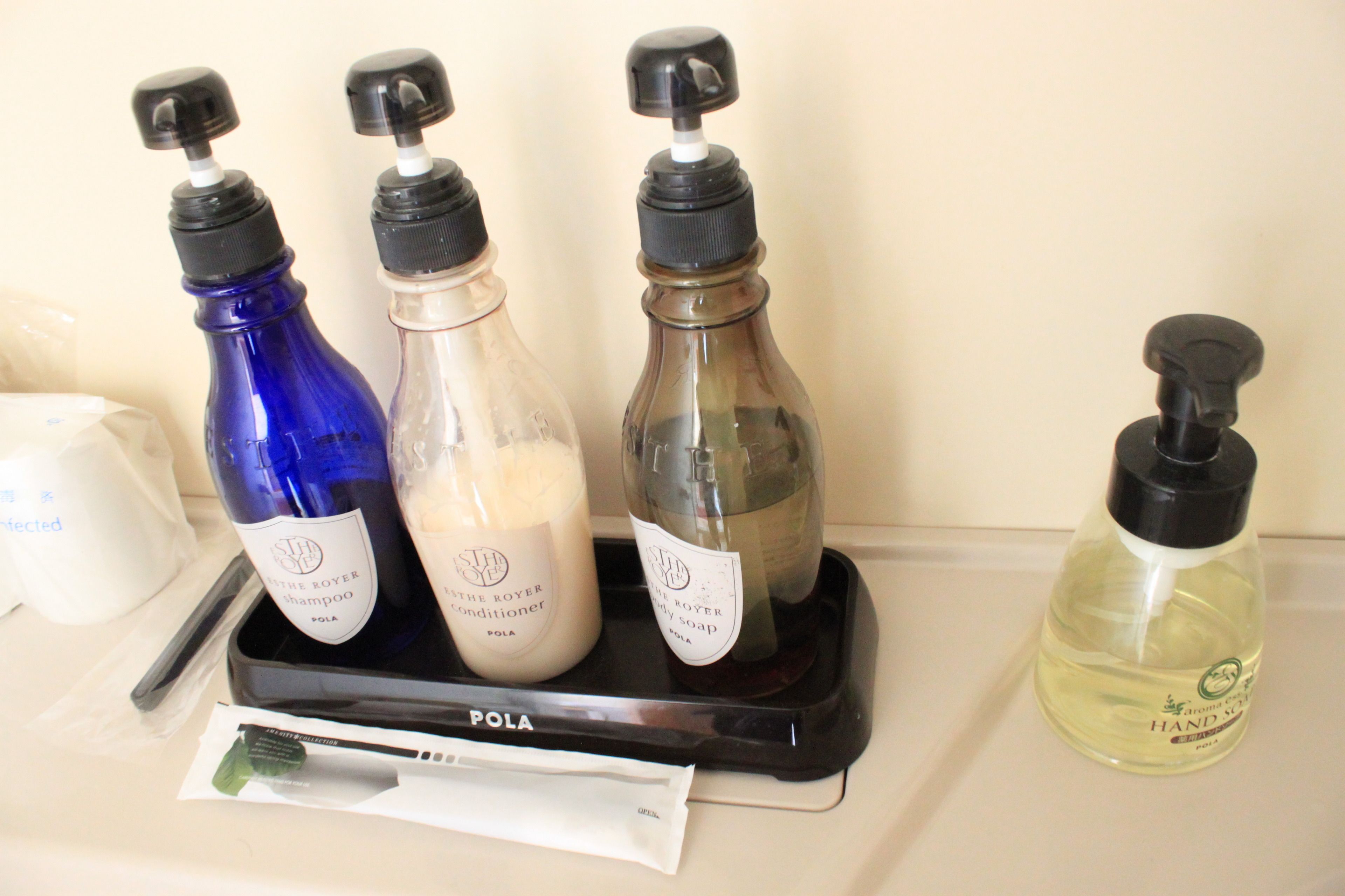 combined shower/bathtub, free toiletries, hair dryer, slippers