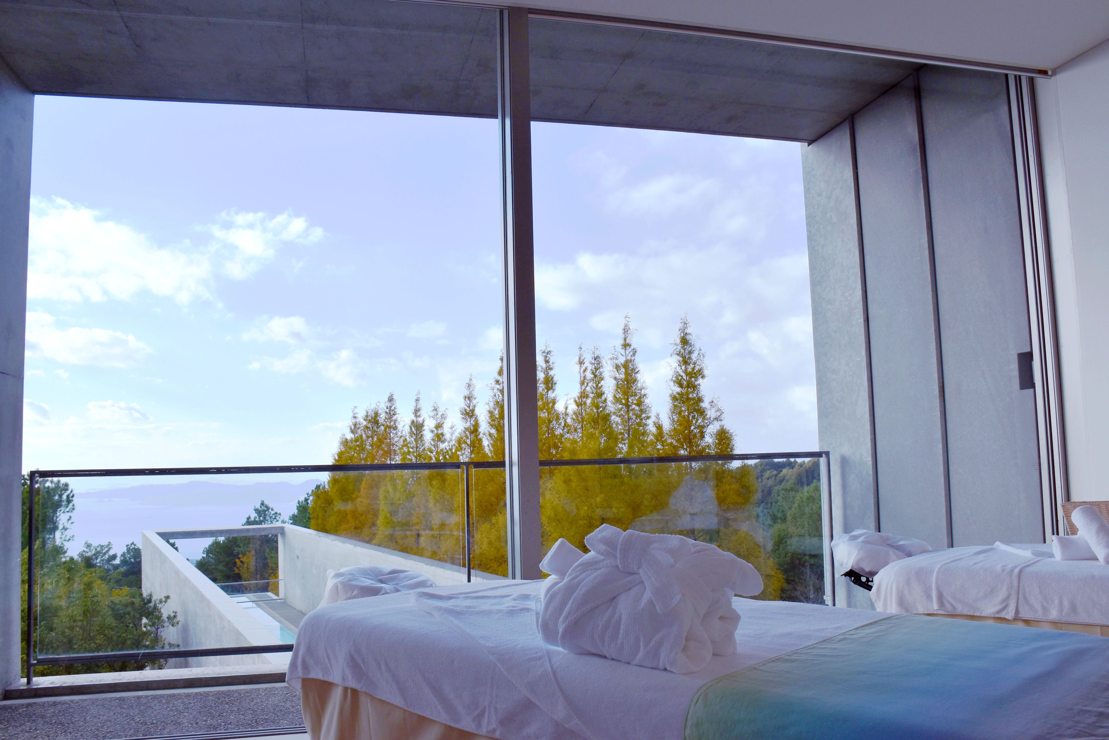 A modern hotel room with a large balcony, a bed, and a view of trees and a body of water.