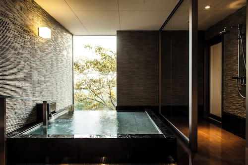 Combined shower/tub, spring water tub, designer toiletries, hair dryer