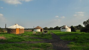 Drei Jurten in einem grasbewachsen Feld, verbunden durch einen Feldweg.