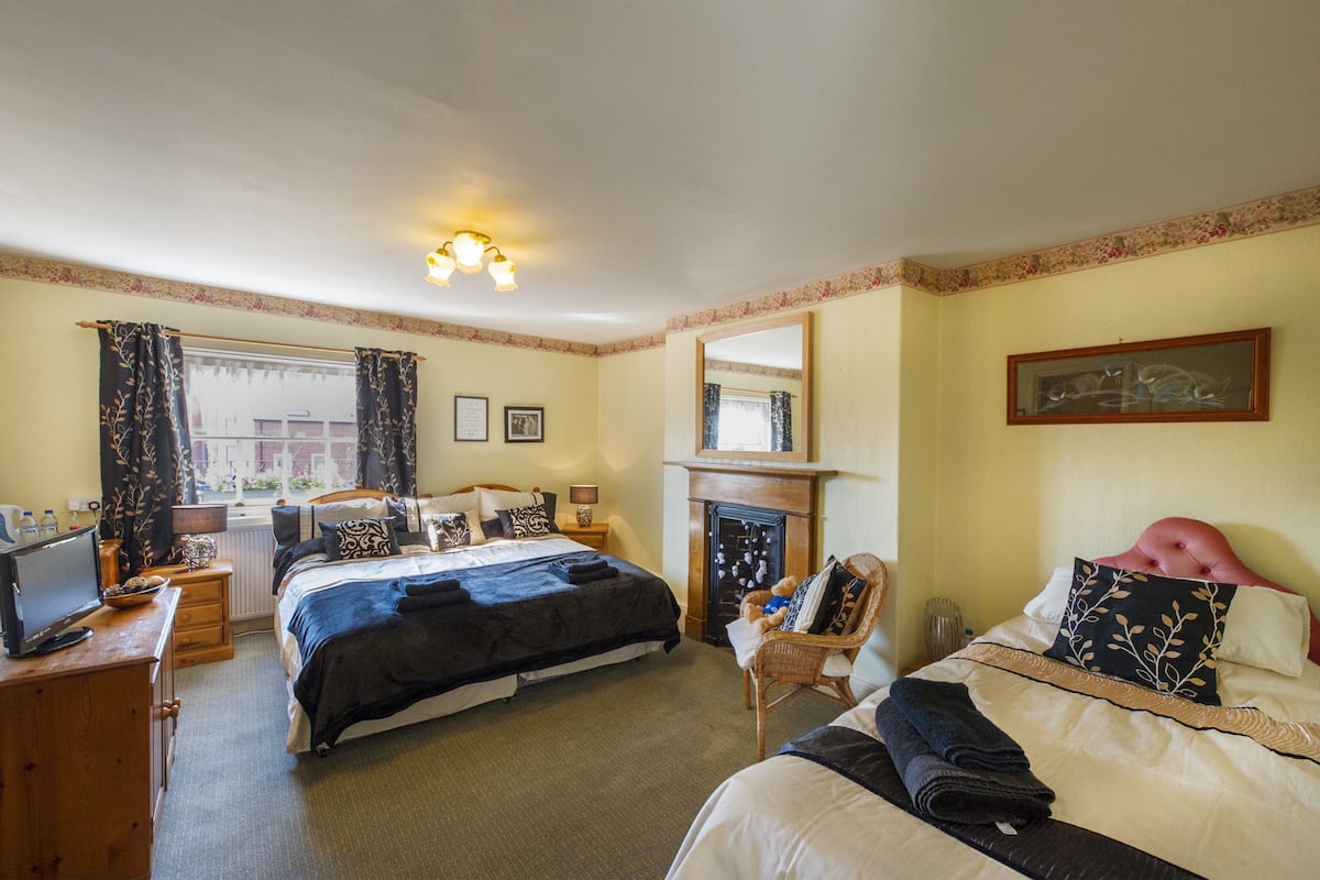 A hotel room with two beds, a television, a fireplace, and a view of the outside.