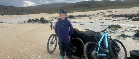A person standing on a sandy beach with a bicycle.