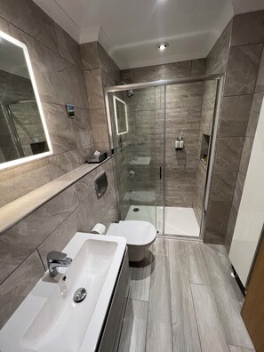 A modern bathroom with a glass-enclosed shower, a white sink, and a toilet.