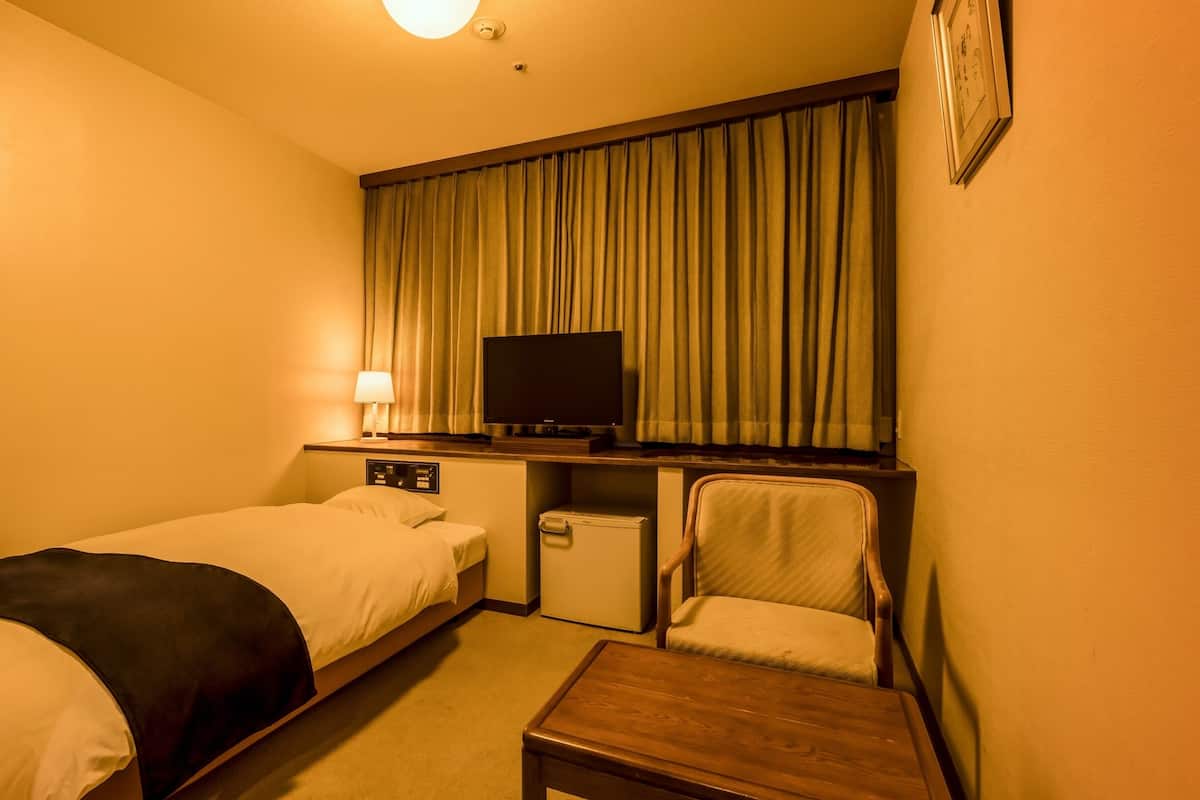 A hotel room with a bed, a desk with a television, a chair, and a small table.