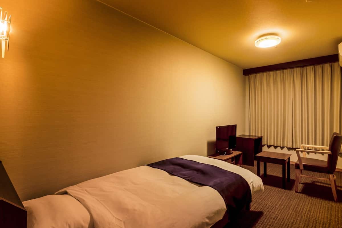 Een hotelkamer met een bed, een bureau, een stoel, een televisie en een raam met gordijnen.