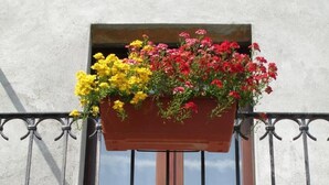 A window with a wooden frame and a metal balcony railing. - La Casa del Borgo (Brissago-Valtravaglia)