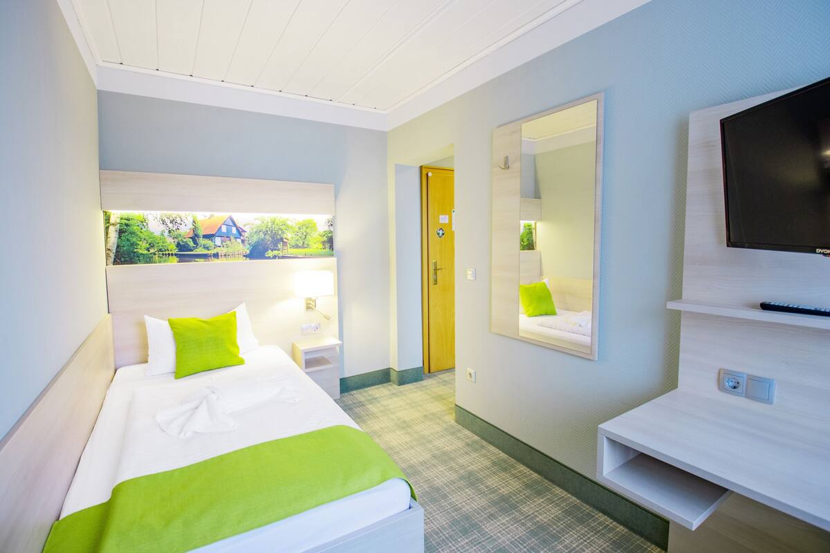 A hotel room with a bed, a TV, a mirror, and a window with a view of greenery.