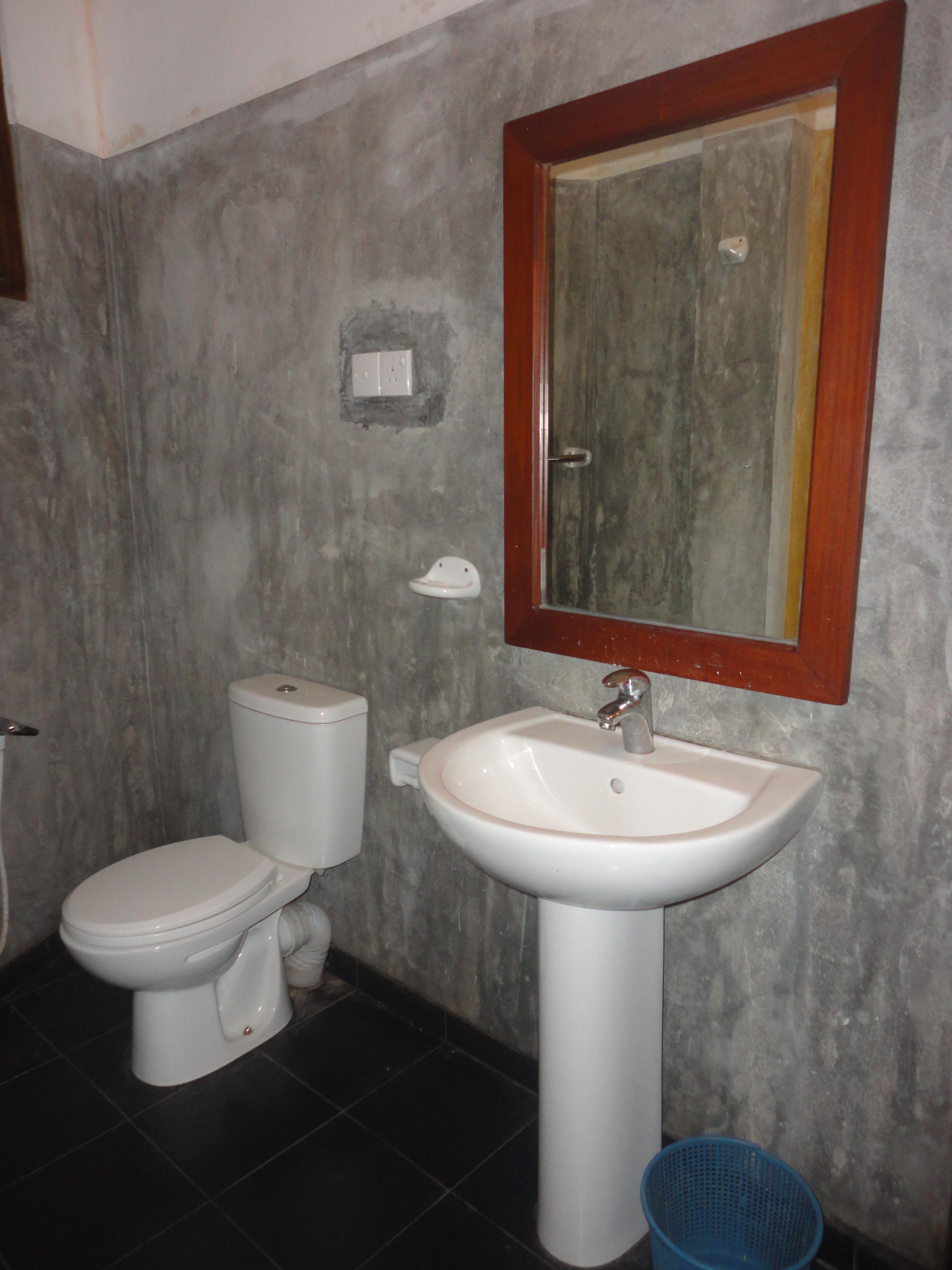 A bathroom with a toilet, sink, and mirror.