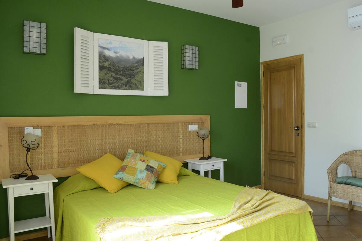 A bedroom with a bed, a chair, a door, and a wall-mounted picture.