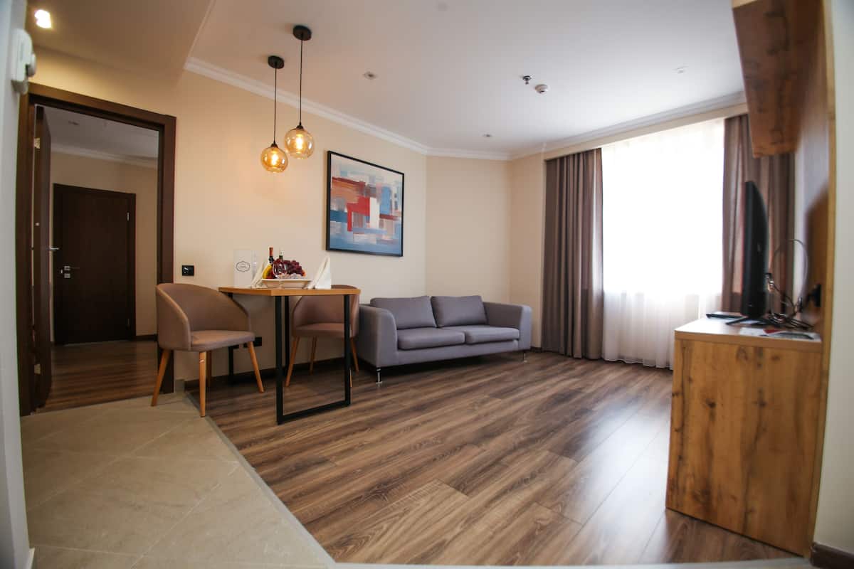 A modern living room with a grey sofa, wooden coffee table, and a dining area with two chairs. A painting is on the wall, and there is a TV on a wooden stand.