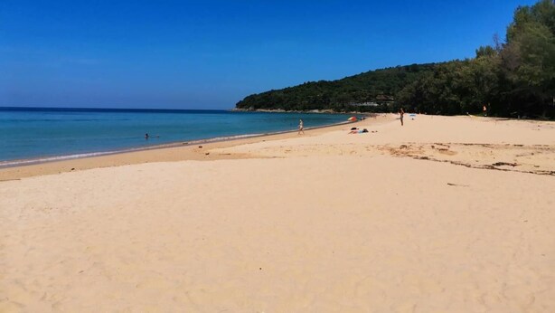 A beach with clear blue water, sandy shore, and a forested hill in the background. - Naithon Beach Mansion (Sa Khu)