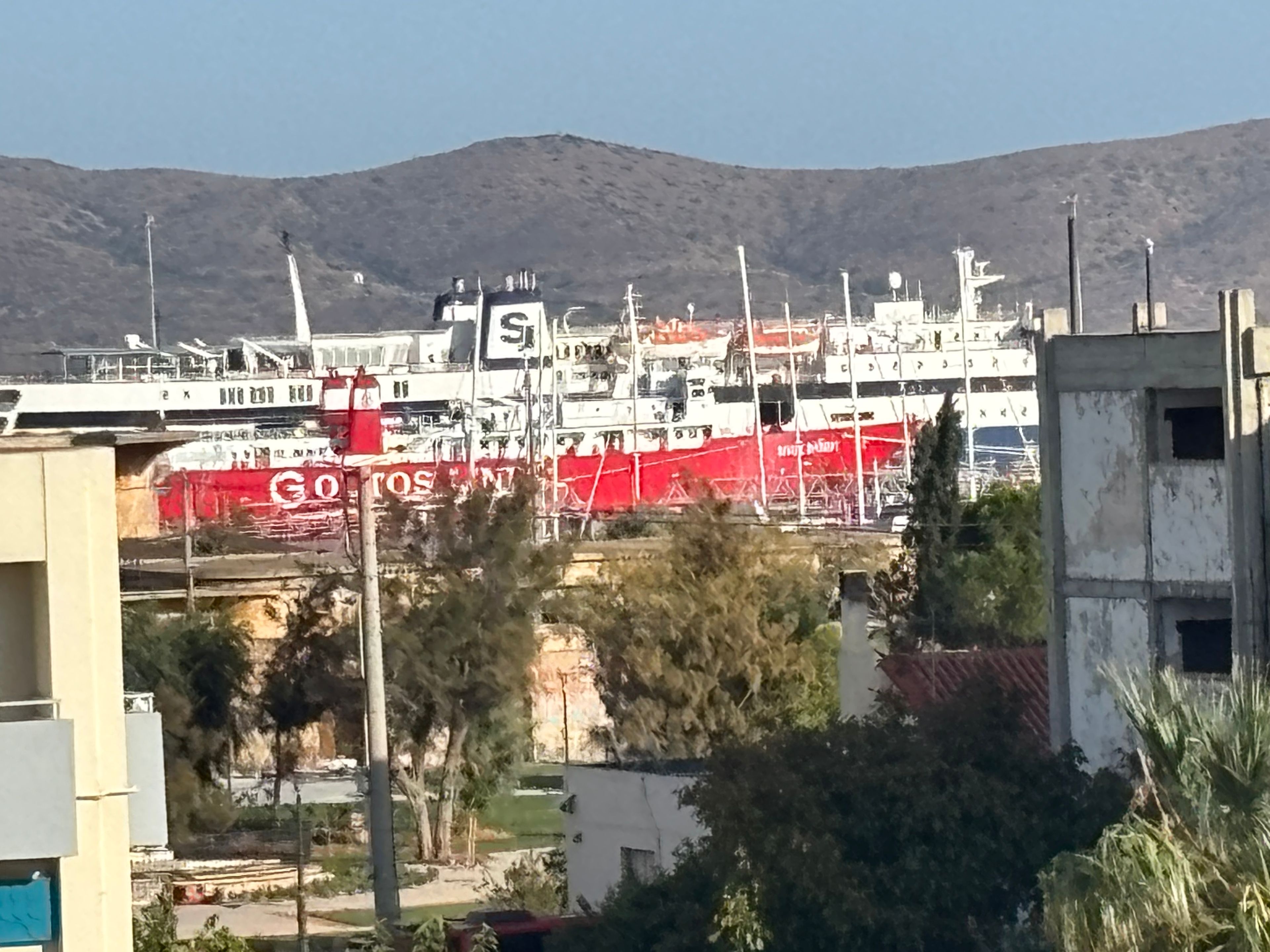 Ein großes Schiff liegt in einem Hafen vor einer gebirgigen Kulisse.