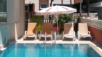 Outdoor pool, pool umbrellas, pool loungers