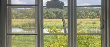 Una habitación con un gran ventanal que da a un paisaje verde, una lámpara colgante y un pequeño florero con flores en el alféizar.