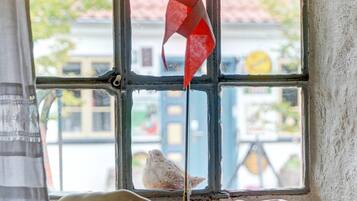 Una ventana con vista a un edificio y una bandera roja.