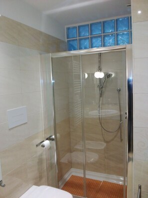 Shower, free toiletries, hair dryer, bidet