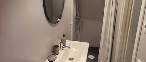 A bathroom with a sink, mirror, shower, and toilet.