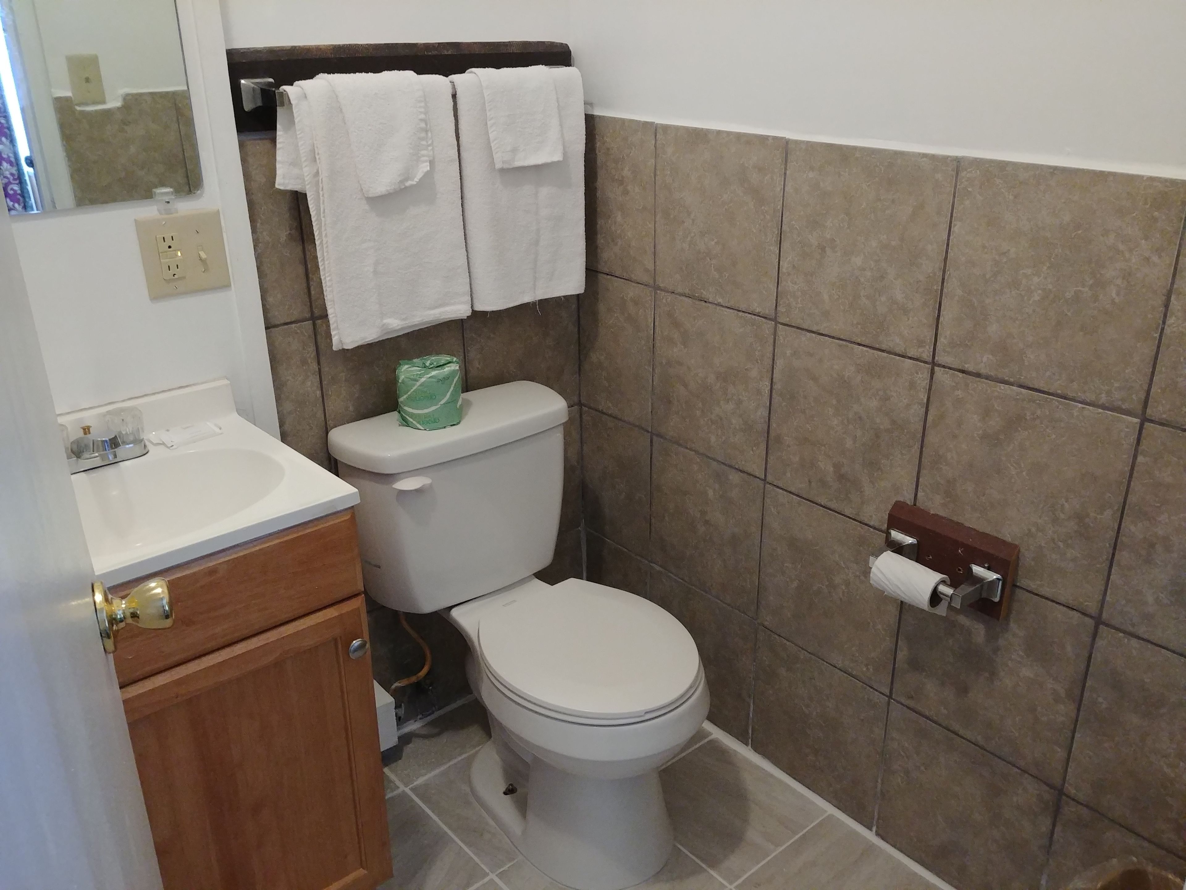 A bathroom with a toilet, sink, and wooden cabinet.