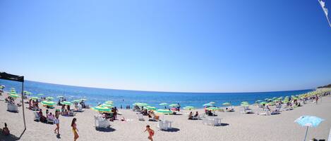 Plage privée, chaises longues, parasols
