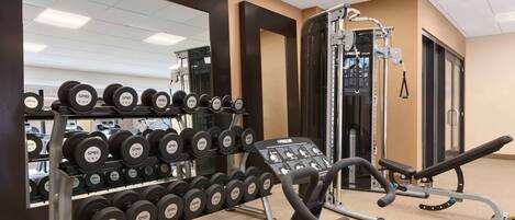 A gym with weightlifting equipment, including dumbbells and a bench press.