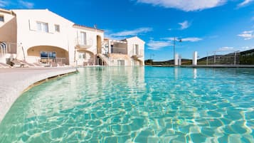 Seasonal outdoor pool, pool umbrellas, pool loungers