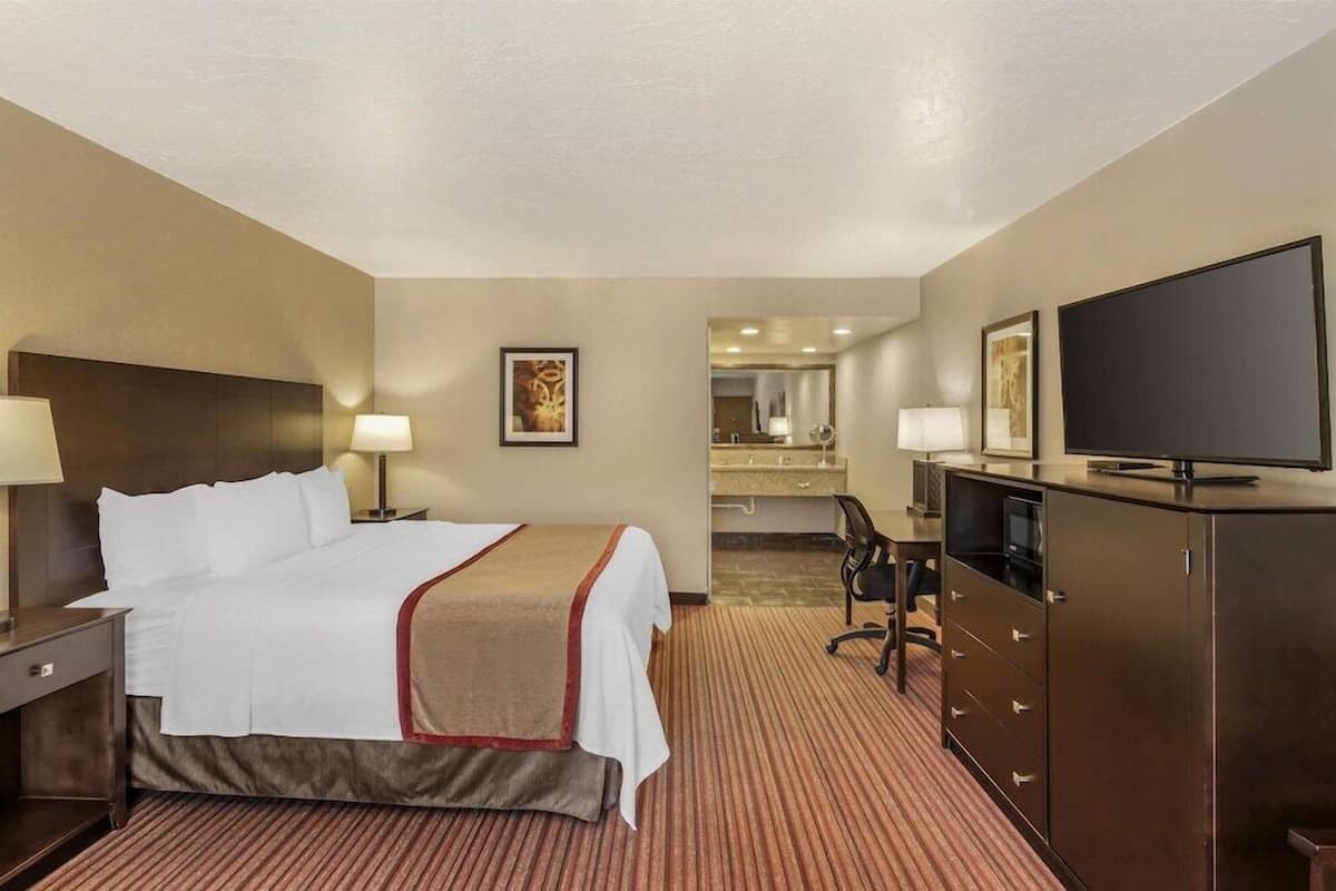A hotel room with a bed, bedside tables, a TV, a desk, and a mirror.