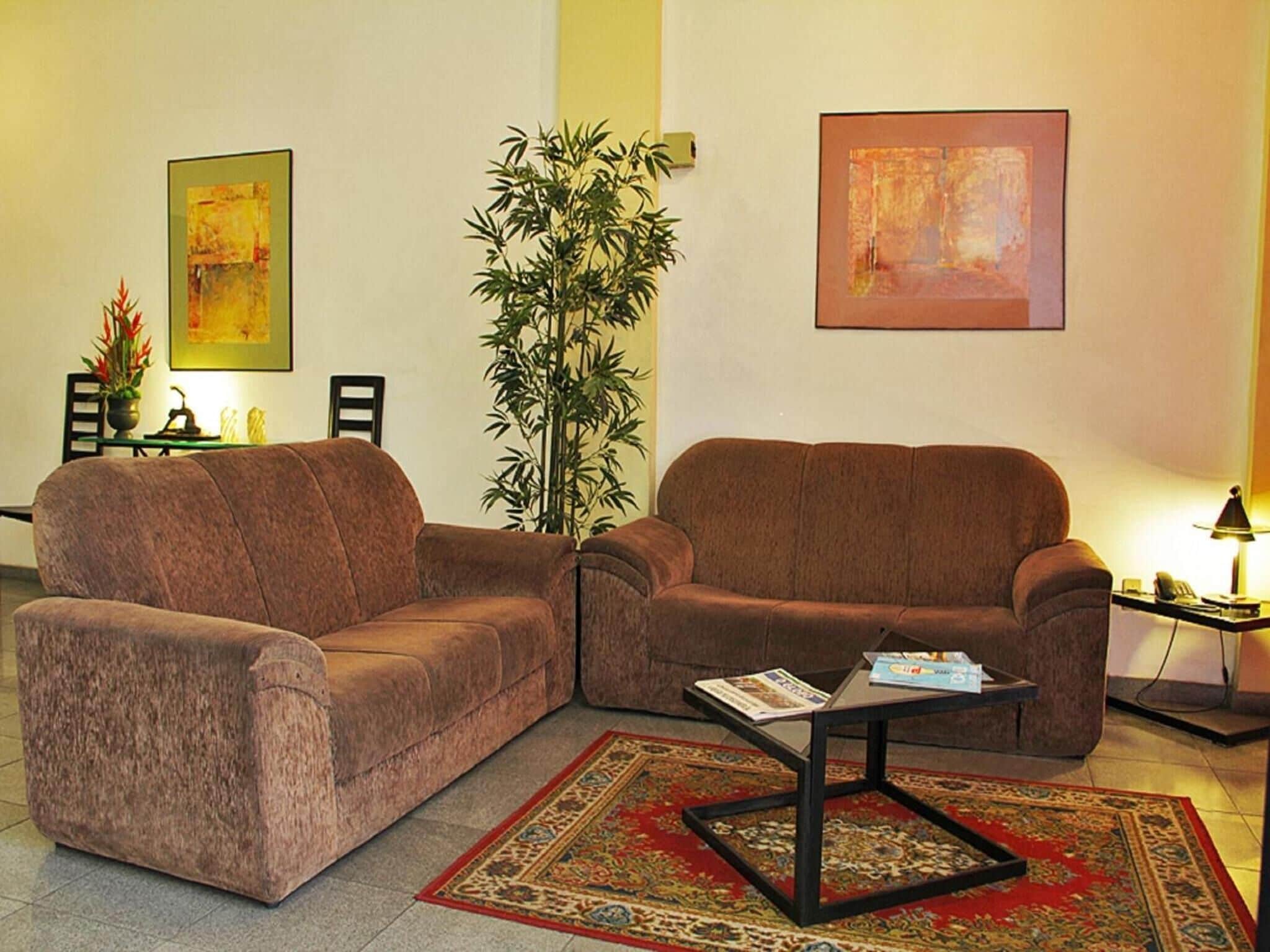 Ein Wohnzimmer mit zwei braunen Sofas, einem Couchtisch, einer großen Pflanze und Kunstwerken an den Wänden.