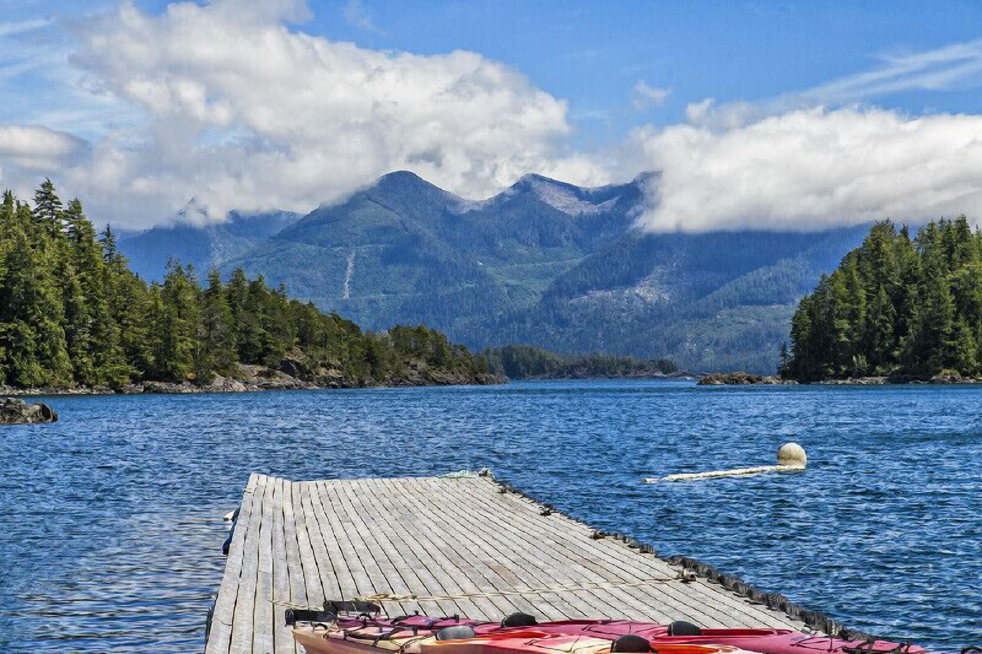 A wooden dock extending into a calm lake with mountains in the background.