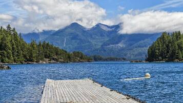 A wooden dock extending into a calm lake with mountains in the background.