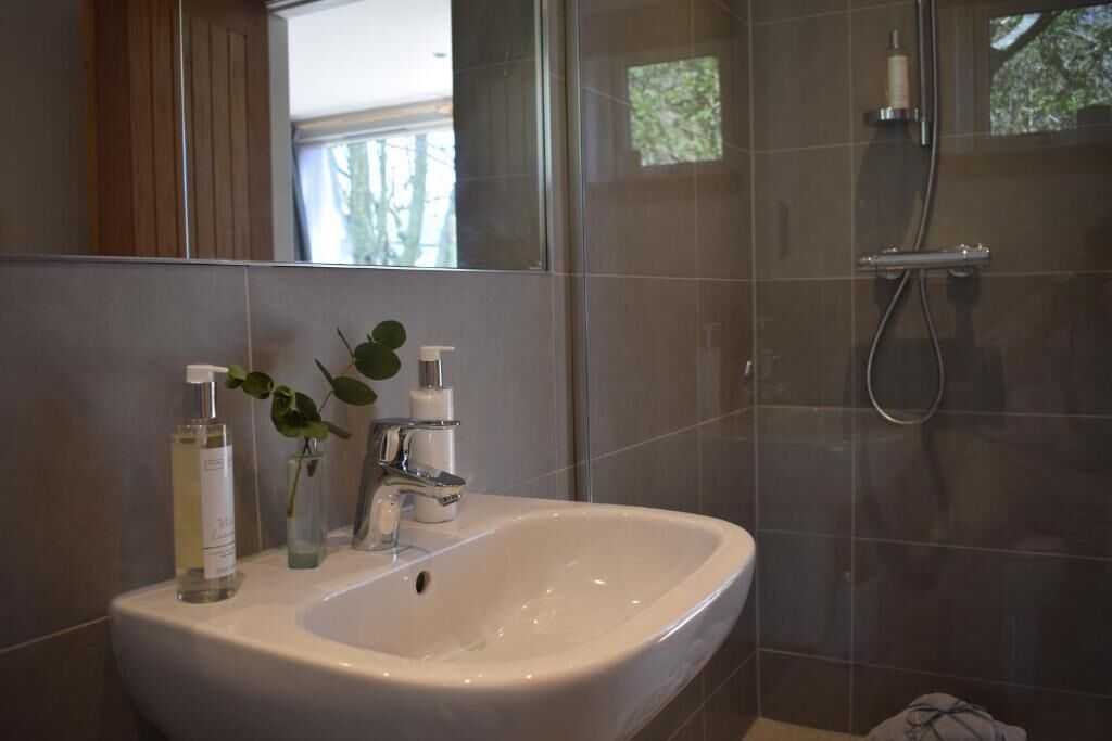 Een badkamer met een witte wastafel, een spiegel, een douche en een plant.