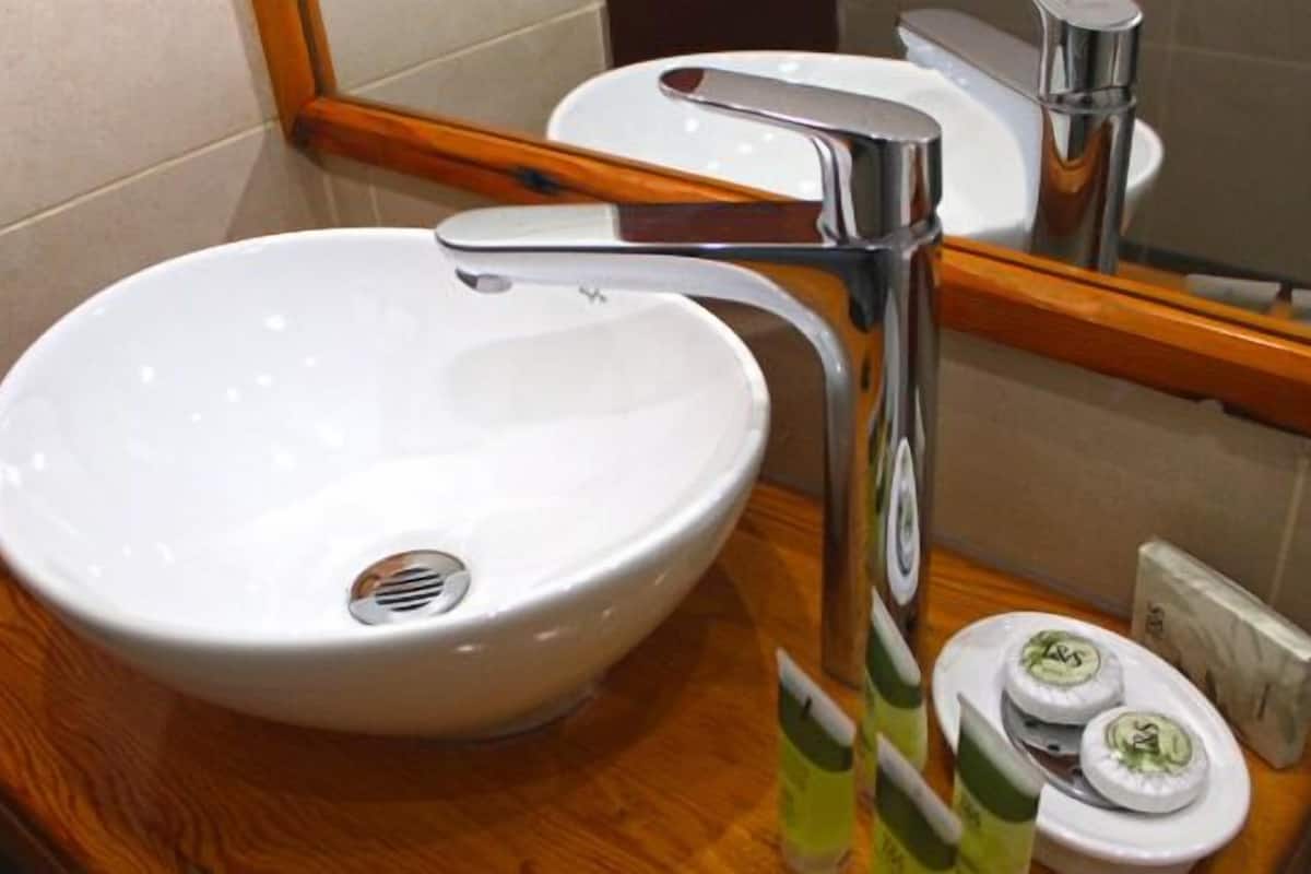 combined shower/bathtub, deep-soaking bathtub, free toiletries, towels