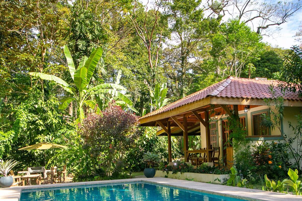 A swimming pool with a wooden deck and a covered seating area, surrounded by lush greenery and trees.