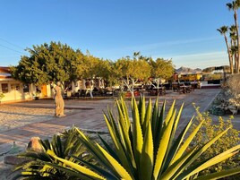 Un patio al aire libre con una estatua, mesas de comedor, sillas y una variedad de plantas.