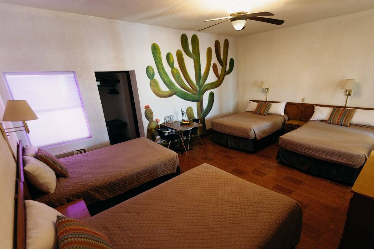 A room with two beds, a ceiling fan, a cactus mural, and a window with blinds.
