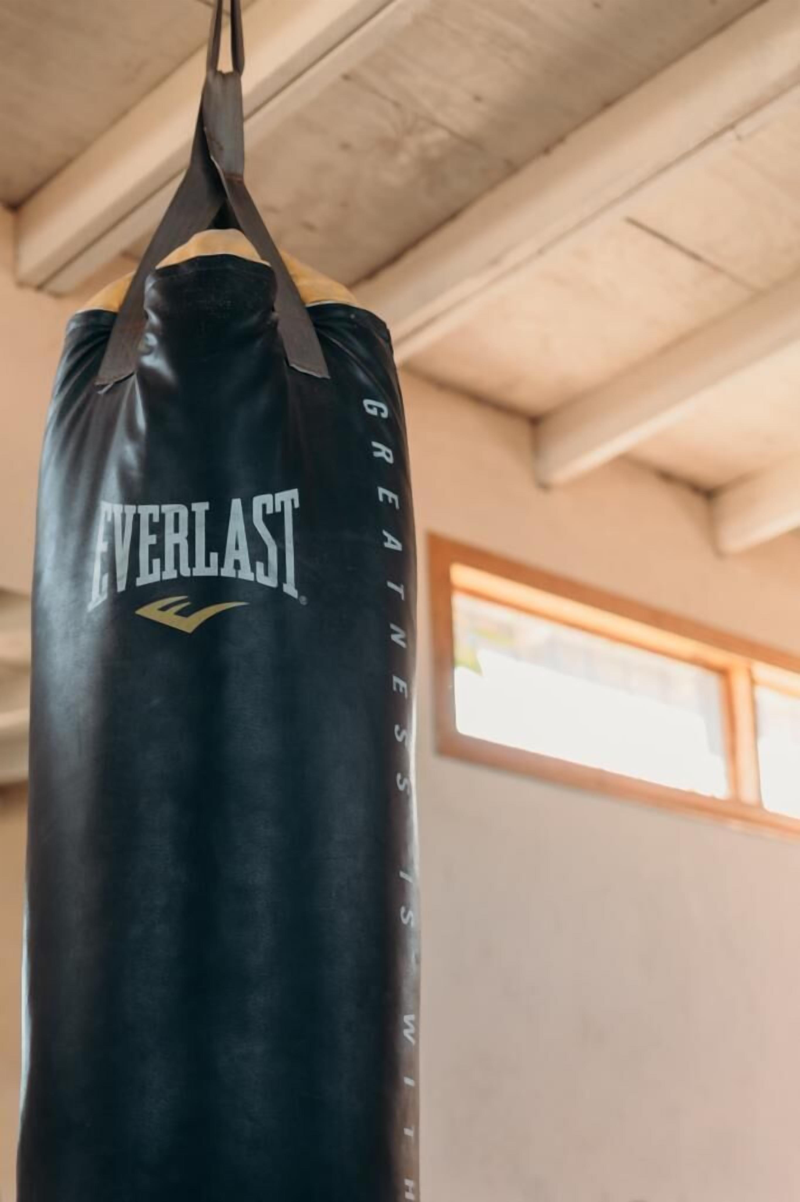 A black Everlast punching bag with the text "GREENWICH SWIM" hanging from a ceiling.