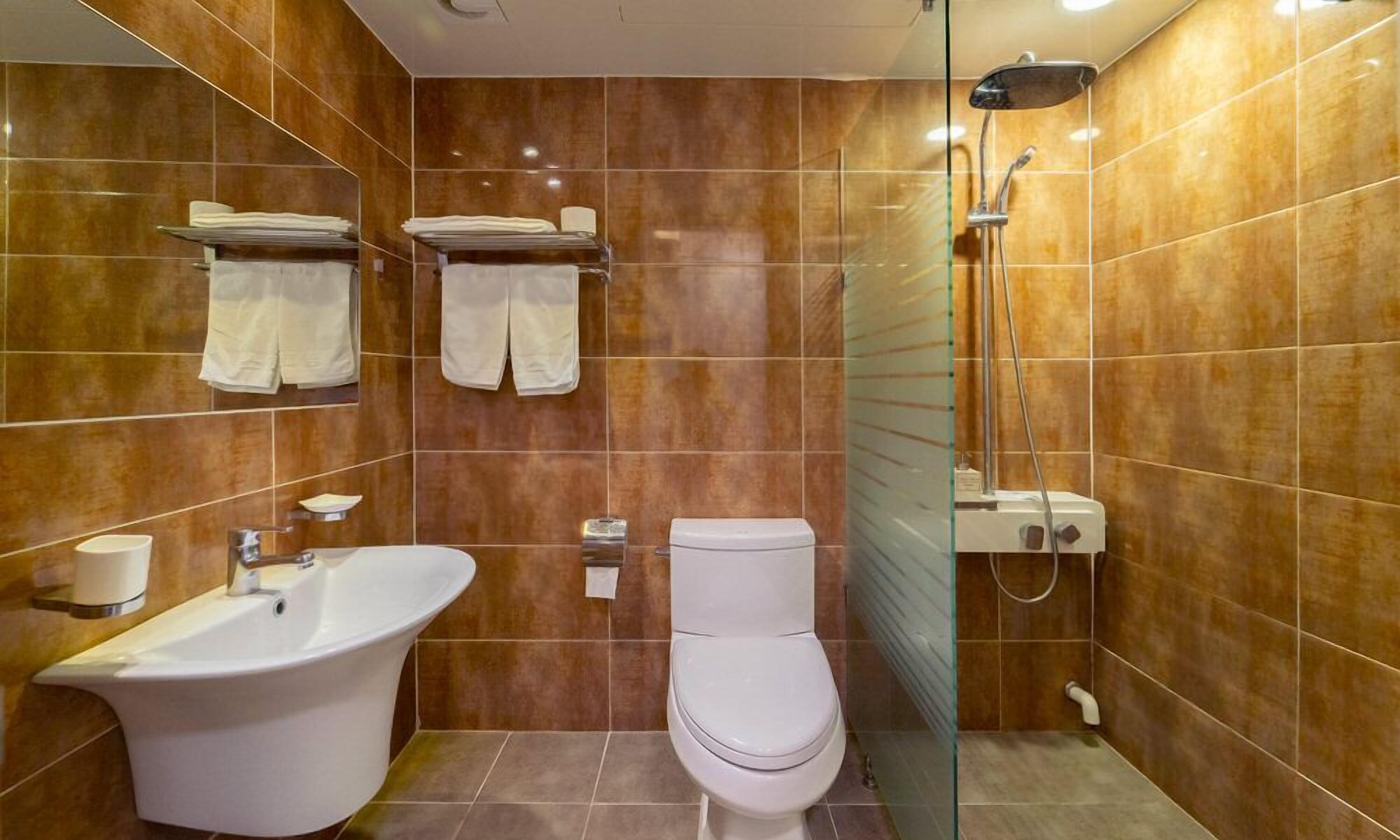 standard room | bathroom | shower, hair dryer, towels
