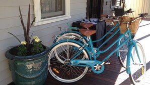 En turkis cykel parkeret på en træterrasse, med en plantekasse med gule blomster til venstre.