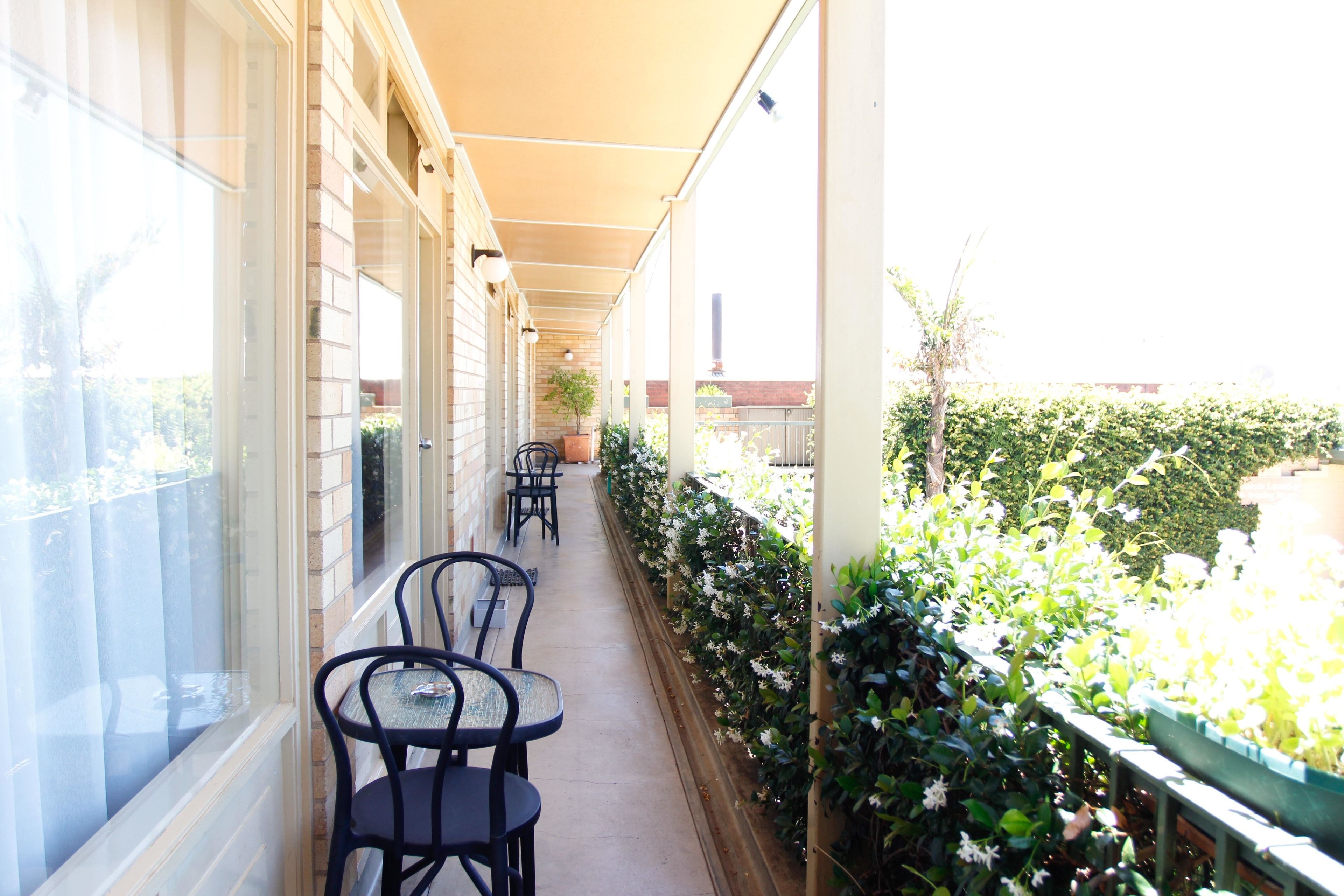 A covered outdoor area with a row of chairs and tables, a brick wall, and a row of potted plants.